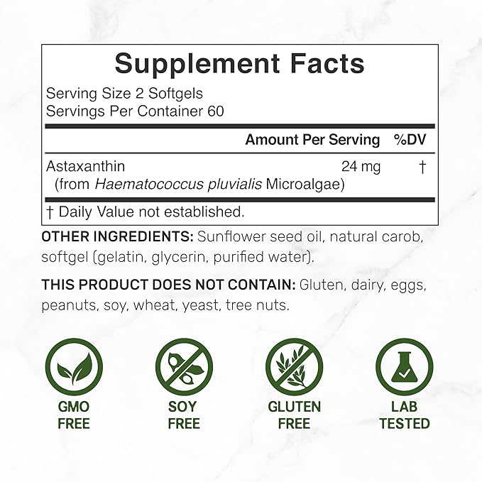 Astaxanthin 24mg Per Serving, 120 Softgels – Double Strength Microalgae – Natural Tanning Pills – Antioxidant Supplements for Skin, Eyes, Joints & Immune Support – Non-GMO