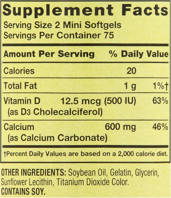 Spring Valley Calcium 600 mg Plus Vitamin D3 Dietary Supplement, 150 Mini Softgels | Small Calcium Pills Easy to Swallow | Calcium Softgels |