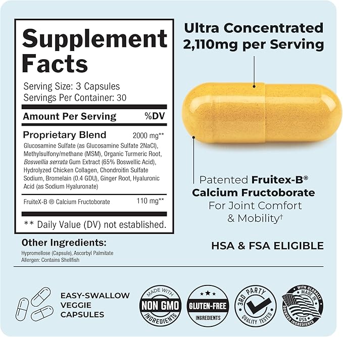 Glucosamine Chondroitin MSM Joint Support Supplement - Collagen Peptides, Turmeric and Ginger, Hyaluronic Acid, Glucosamine Chondroitin Sulfate for Joint Comfort - Gluten Free, Non GMO, 90 Capsules