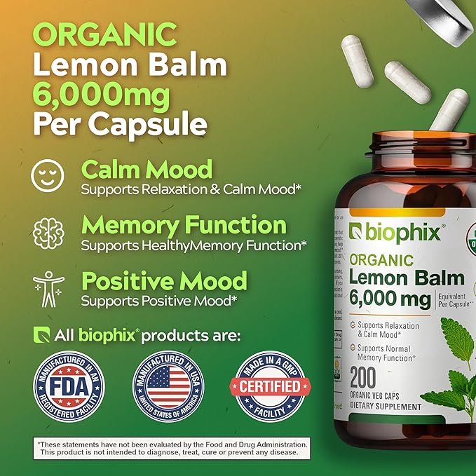 biophix Lemon Balm Capsules USDA Organic 20:1 Extract 300 mg 200 Veggie Caps - Cognitive Health Stress Sleep Mood Support Natural Herbal Supplement