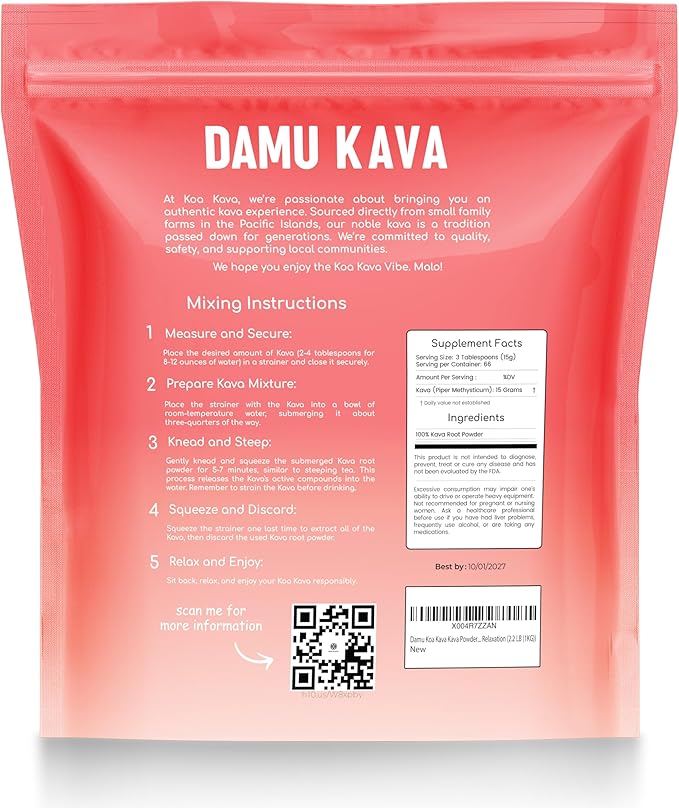 Damu Koa Kava Kava Powder – Premium Fijian Damu Noble Root, Strong, Heady Relaxation (2.2 LB (1KG))