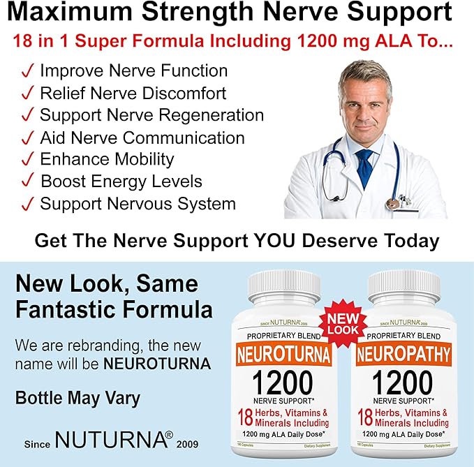 Neuropathy Support Supplement with 1200 mg Pure Alpha Lipoic Acid - Maximum Strength Nerve Formula to Fortify Nerves in Fingers, Hands, Toes, & Feet - Best Natural Nerve Relief Support - 180 Capsules