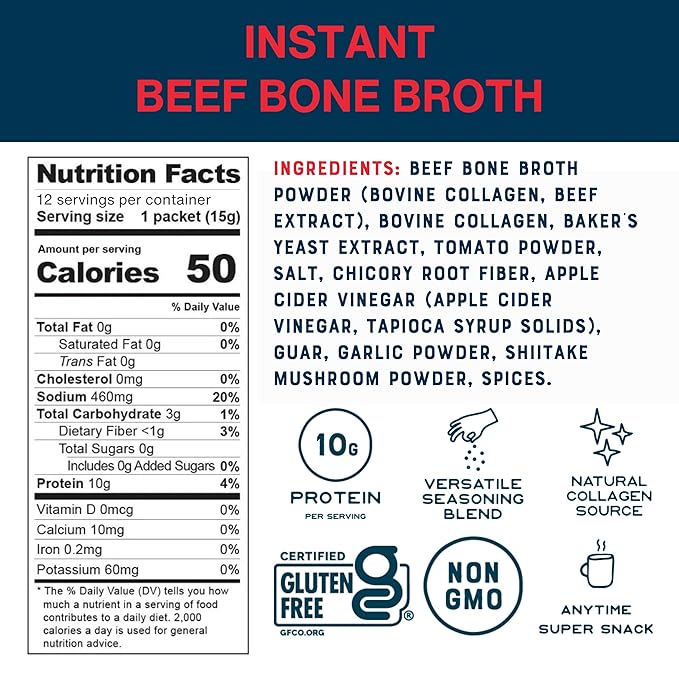 Bare Bones Beef Bone Broth Instant Powdered Mix | Rich Savory Packets on-the-Go No Artificial Flavors | 100% Grass Fed Keto & Paleo Friendly | 10g Protein | 12 Pack