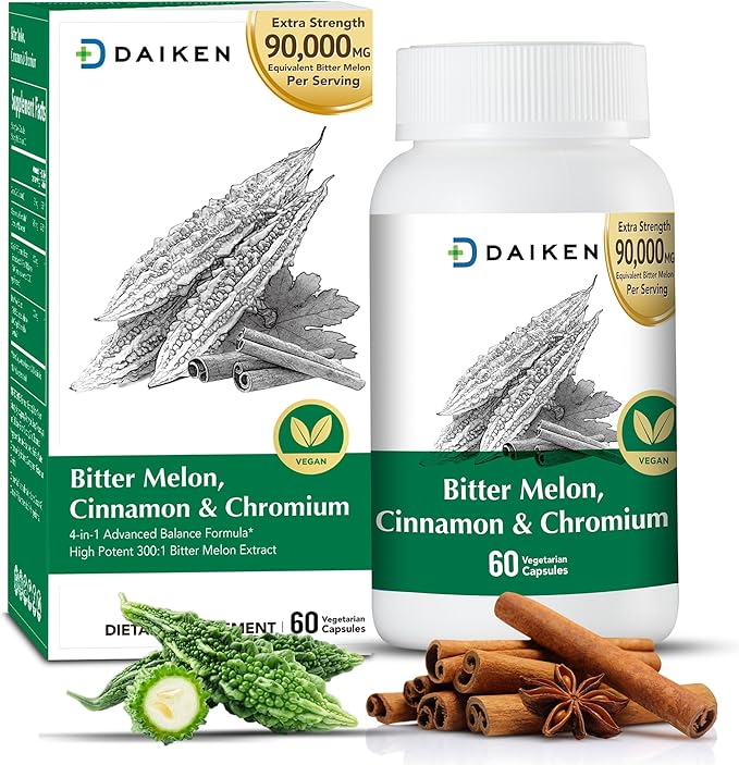DAIKEN Bitter Melon 90,000 mg Equivalent, Enriched with Cinnamon, Chromium & Zinc, 100% Vegetarian Bitter Melon Capsules, 60 Capsules