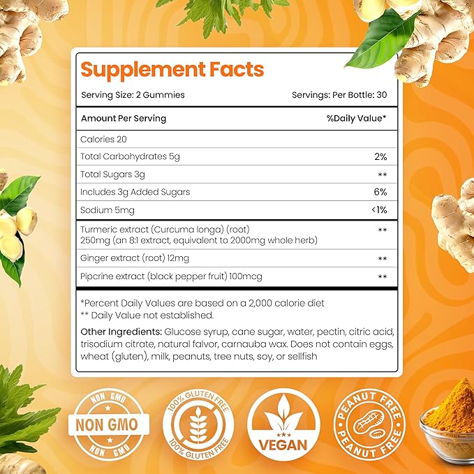 Curcumin Turmeric Gummies – Extra Strength 2000mg 8:1 Extract Turmeric Supplement Gummies with Black Pepper & Ginger – Vegan Non-GMO Joint Support Chewables – Peach Flavor, 60 Count