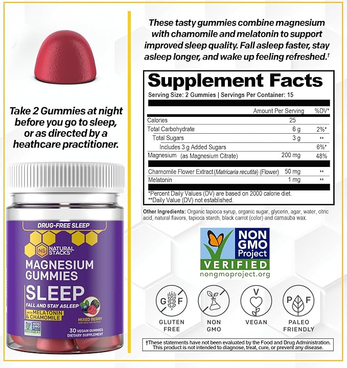 Sleep Magnesium Gummies with Melatonin - 200mg Magnesium Citrate - Melatonin Gummies for Sleep Quality - Nighttime Aid for Adults with Chamomile - 30 Mixed Berry Chewables