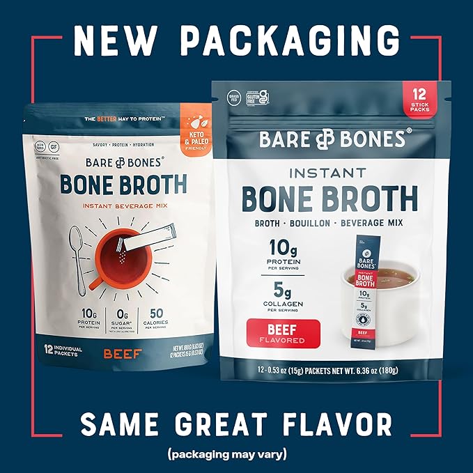 Bare Bones Beef Bone Broth Instant Powdered Mix | Rich Savory Packets on-the-Go No Artificial Flavors | 100% Grass Fed Keto & Paleo Friendly | 10g Protein | 12 Pack
