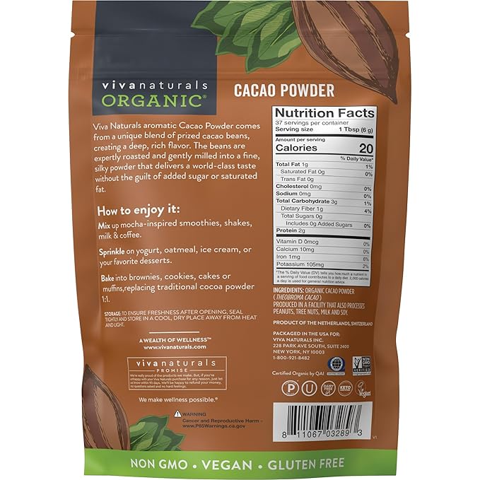 Viva Naturals Organic Cacao Powder, 8 oz - Unsweetened Cocoa Powder With Rich Dark Chocolate Flavor, Perfect for Baking & Smoothies - Certified Vegan, Keto & Paleo, Non-GMO & Gluten-Free, 227 g