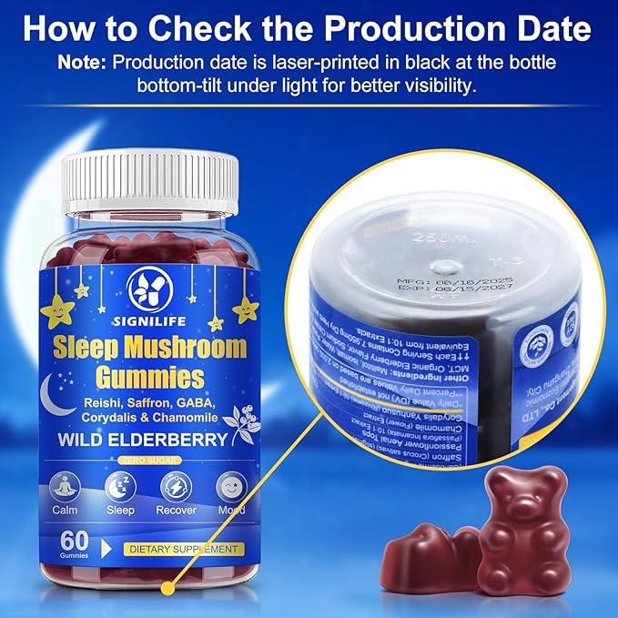 Sleep Mushroom Gummies with Reishi & Lions Mane -Natural Sleep Aid & Relaxation Supplement, Wild Elderberry Flavor, Non-GMO, No Sugar, 120 Count