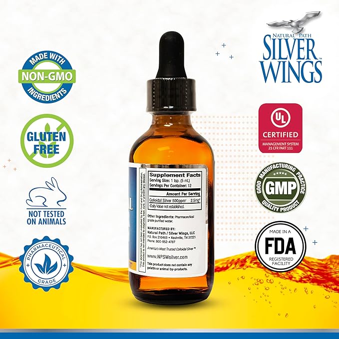 Natural Path Silver Wings Colloidal Silver - Extra Strength Liquid Immune Support Supplement - - 500ppm (2500mcg) - 2oz Dropper
