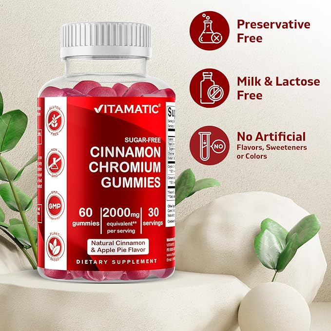 Vitamatic Sugar-Free Chromium Gummies with Ceylon Cinnamon – 2000 mg Equivalent Per Serving (from Extract 83 mg) – Non-GMO, Gluten-Free – 60 Vegan Gummies