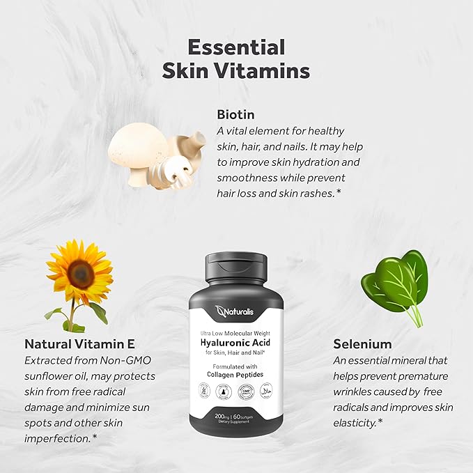 Hyaluronic Acid 200mg, 10x Better Absorption Ultra Low Molecular Weight with Collagen, Biotin, Selenium & Vitamin E | Hair, Skin, Nails & Joint Supplements | 120 Softgels