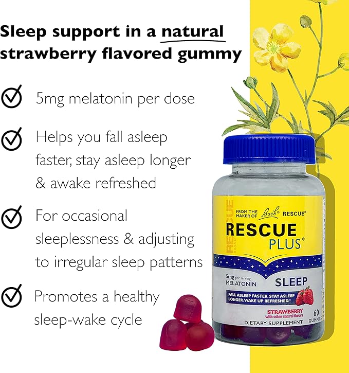 Bach RESCUE PLUS Melatonin Sleep Gummies, Natural Strawberry Flavor, Sleep Aid, Dietary Supplement, Vegan, Gluten-Free, No Artificial Flavors, Colors, 60 Count