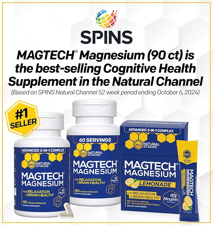 NATURAL STACKS Apigenin for Sleep + Magtech Magnesium Supplement Bundle - Supports Sleep & Brain Health* - 300 Total Capsules