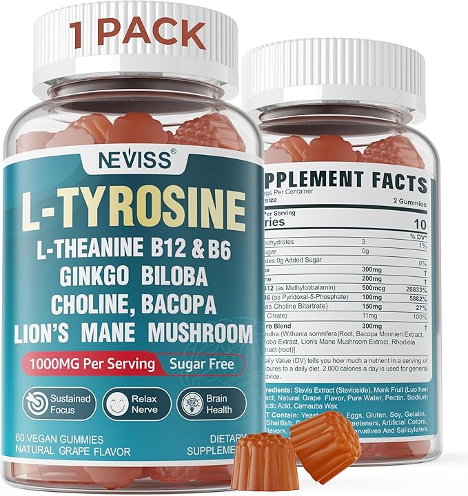 Sugar Free L-Tyrosine Gummies 300mg L-Theanine 200mg Vitamin B6 100mg & B12 500mcg, Brain Health Herbs 300mg w/Ginkgo Biloba, Rhodiola Rosea, Lion's Mane Mushroom for Sustained Focus & Energy, 1Pack