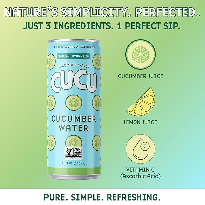 CUCU Cucumber Water – Natural Hydration from Cucumbers with Vitamin C, Electrolytes & Antioxidants – No Sugar Added, Non-GMO – 12 Pack, 11 fl oz Cans