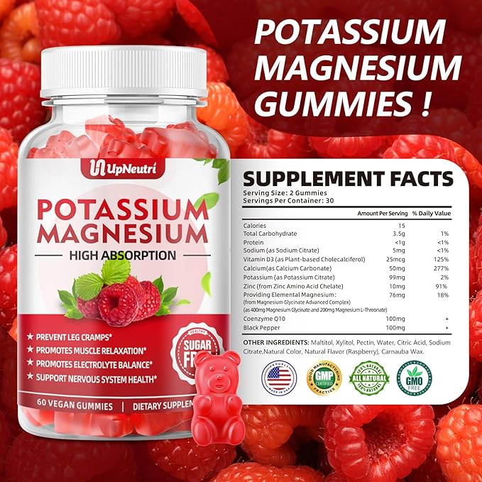 Potassium Magnesium Supplement Gummies for Adults Kids, Sugar-Free Potassium Gummies Supports Leg Cramps & Muscle & Immune Health, High Absorption Magnesium Gummies Raspberry Flavor 120 Cts