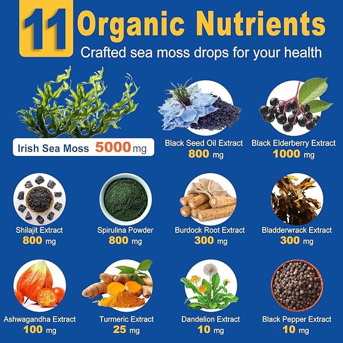 Organic Sea Moss Drops, 11 in 1 Black Seed Oil & Irish Liquid Sea Moss Gel Ashwagandha Burdock Root, Spirulina, Bladderwrack, Elderberry for Digestion, Immunity, Skin Hair Health, Non-GMO - 4 Fl Oz