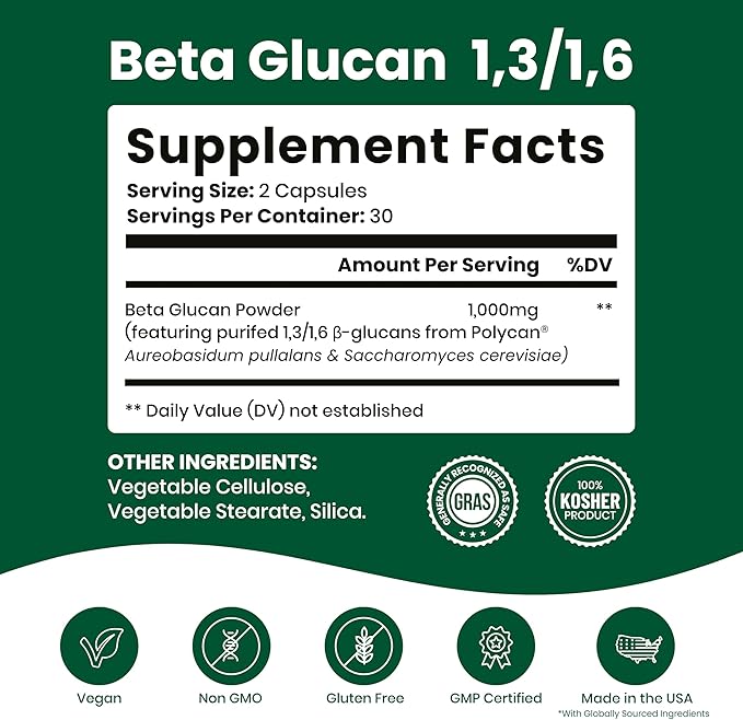 Beta Glucan Supplements 1000mg – 1,3/1,6D Beta Glucan Capsules for Immune Support – Natural Beta Glucans Fiber Supplement – 60 Veggie Capsules (60 Count, Unflavored)