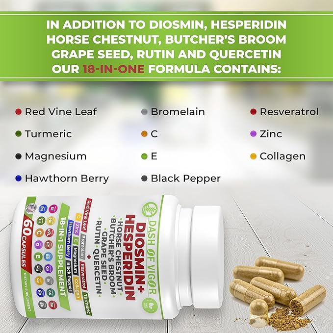 Dash of Vigor 18-in-1 Diosmin Hesperidin Supplement, Quercetin with Bromelain, Zinc, Vitamin C with Rutin Supplement, Horse Chestnut Extract, Butcher's Broom Extract, USA, 60 Capsules