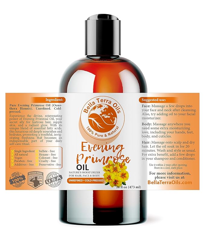 Bella Terra Oils - Organic Evening Primrose Oil 16oz - Discover the Cold-Pressed Excellence of Primrose, Loaded with Essential Nutrients & Omega-6, Distinct Elixir for Luminous Skin