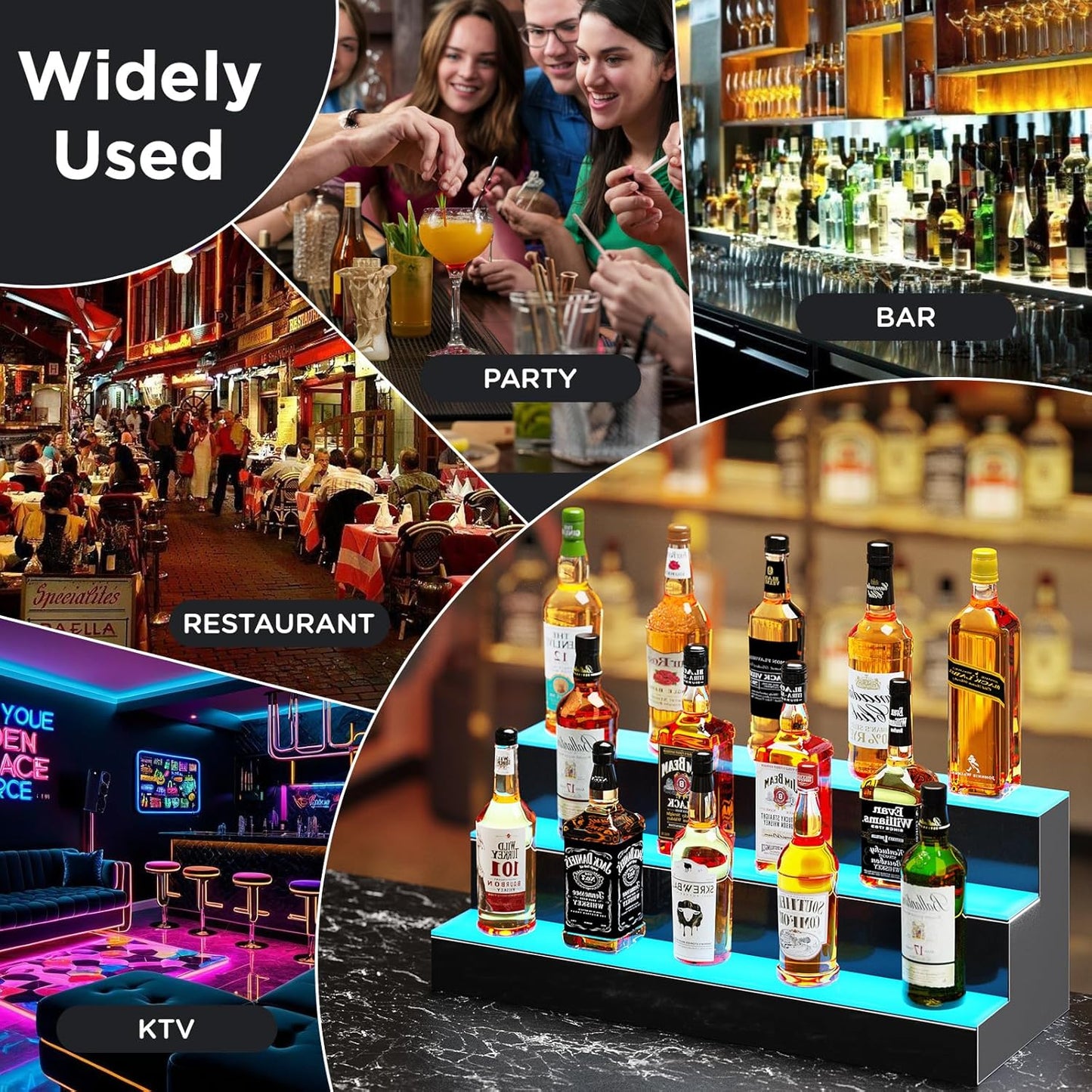 Dethan 2 Tier 40 Inch Liquor Bottle Display Shelf - Wine Racks with Multi-Color App & Remote Control, Adjustable Brightness & Sound Modes, Acrylic Bar Shelves for Commercial Clubs