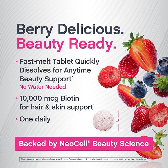 NeoCell Biotin 10000mcg Fast Dissolve Tablets | 180 Count | for Women and Men | Berry Flavor Supplement | Hair, Skin, and Nails