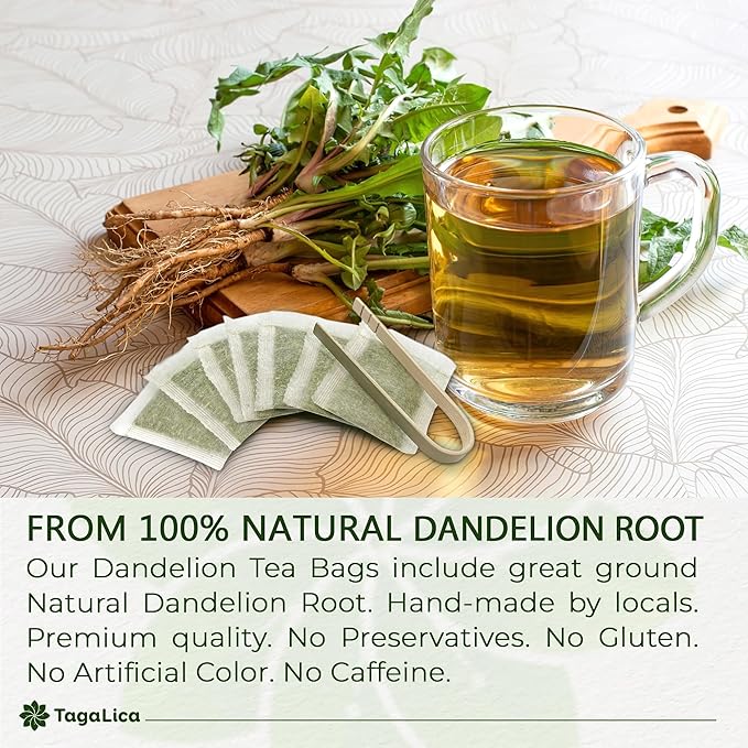Tagalica Premium Dandelion Root Tea Bags - 25 Count, 100% Natural & Pure, Eco-Conscious, Herbal Tea, No Sugar, No Caffeine, No Gluten, Vegan