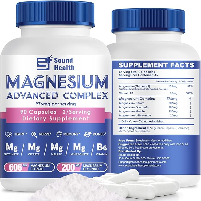 Magnesium Complex 976mg from Magnesium Glycinate, Citrate, Malate & L-Threonate | High Absorption | Chelated Magnesium Supplement | 90 Vegan Capsules, Non-GMO