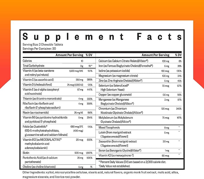 Seeking Health Optimal Multivitamin Chewable, Active B Vitamins with B12 and L-5-MTHF, Daily Vitamin for Men and Women, Wellness and Immune Support, Vegetarian (60 Tablets)*