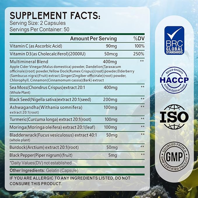 Sea Moss Capsules with Black Seed Oil, Ashwagandha for Immune System, Skin, Energy Sea Moss Supplement