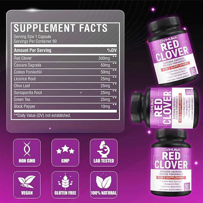 Red Clover Capsules with Red Clover, Cascara Sagrada Bark, Coleus Forskohlii - 90 Capsules for 3 Months Supply