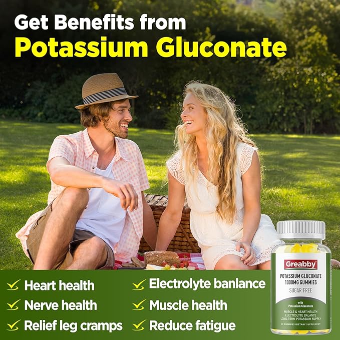 Potassium Gluconate 1000 mg Gummies, Sugar Free for Women & Men Adults, Support Muscle Cramps & Heart Health, Chewable Potassium Supplement, Lemon Flavor, Vegan Source, 120 Gummies