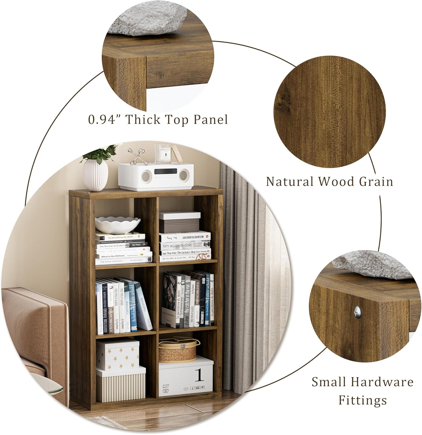 Cube Storage Organizer Bookcase, Decorative 11 inch Open Back Cubical Shelf with Thickened Border, Display Bookshelf for Living Room, Home Office, Sturdy Room (Brown, 6 Cube)