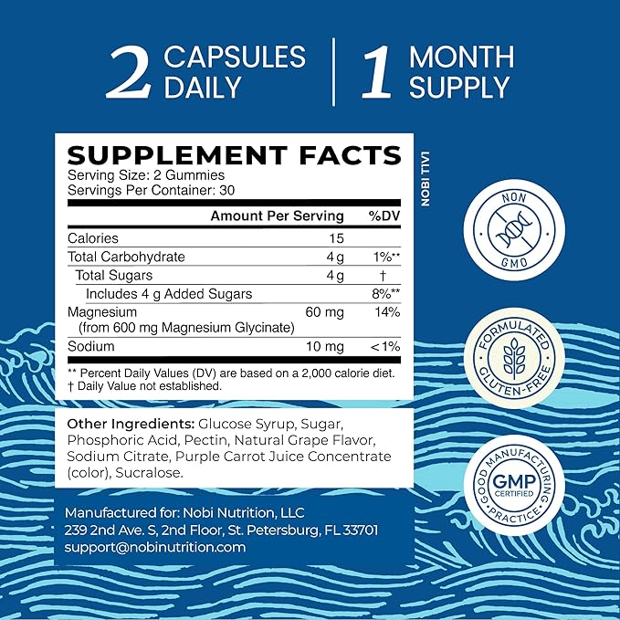 Magnesium Glycinate Gummies 600MG | Sleep, Calm & Relaxation Support | 60MG Elemental Mag Per Serving | Grape Flavor, Gluten-Free | High Absorption Magnesium Gummies for Women, Men & Family | 60 Ct