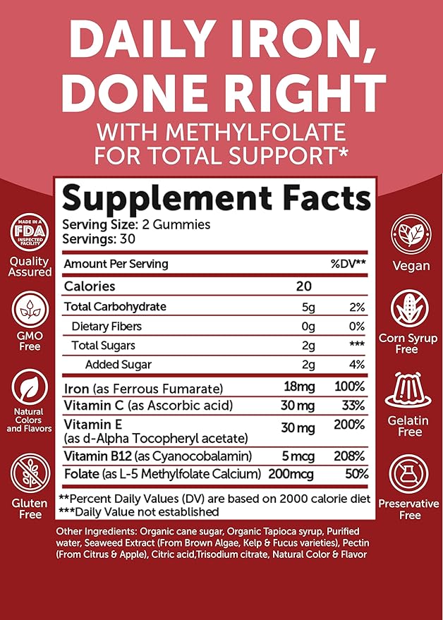 Lunakai USA Made 100% Daily Value Iron Gummies with Vitamin C, B12 & Methylfolate – Vegan Iron Supplement for Women, Men & Kids – Non-GMO Iron Gummy for Energy & Strength, 60ct