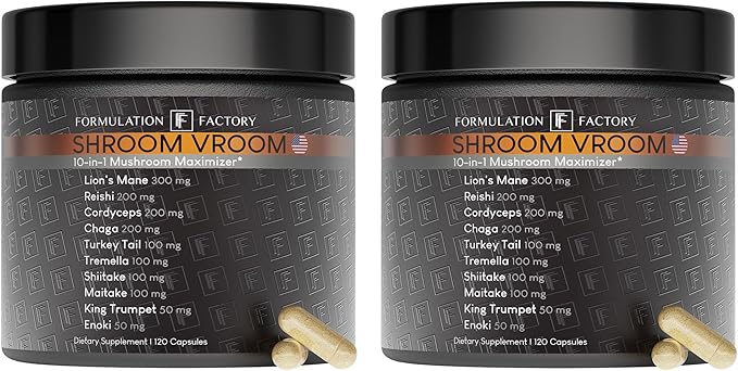 Shroom Vroom: 10-in-1 Mushroom Supplement, Lion’s Mane, Reishi, Cordyceps, Chaga, Turkey Tail, Tremella, Shiitake, Maitake, King Trumpet & Enoki 240 Count (Pack of 2)