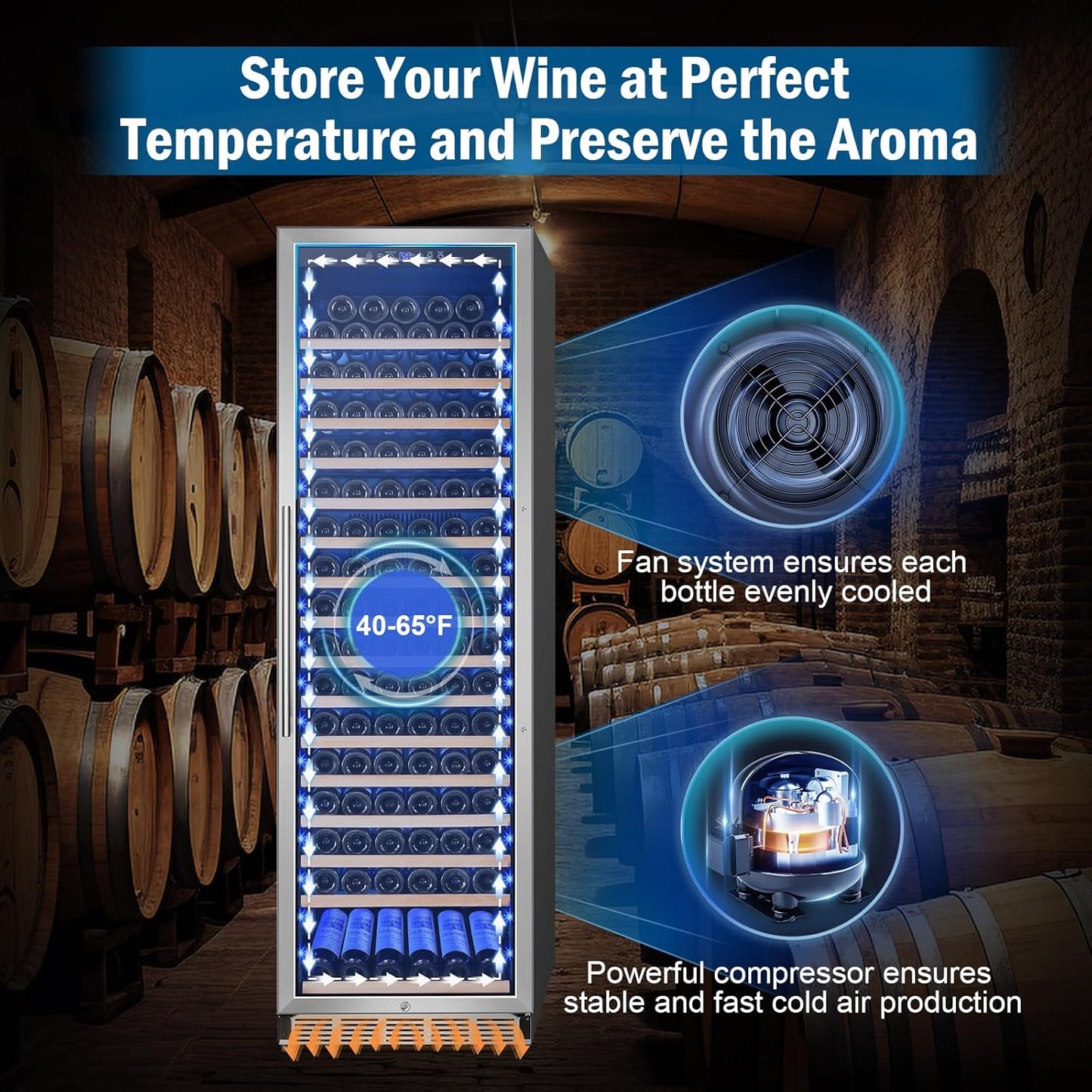 Wine Fridge 24 Inch, 190 Bottles Freestanding or Built-in Wine Cooler Refrigerator with Sliding Rail Shelves, Professional Wine Cellar Low Noise with Upgraded Reversible Door