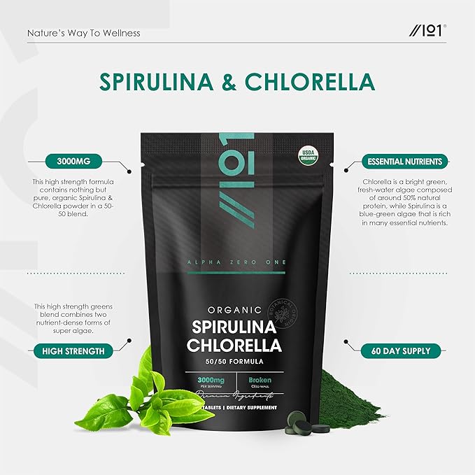 ALPHA01 Organic Spirulina Chlorella Tablets 3000mg – 360 Counts – 50/50 Blend Superfood – No Filler, No Additives, Cracked Cell Wall – Rich in Vegan Protein & Chlorophyll