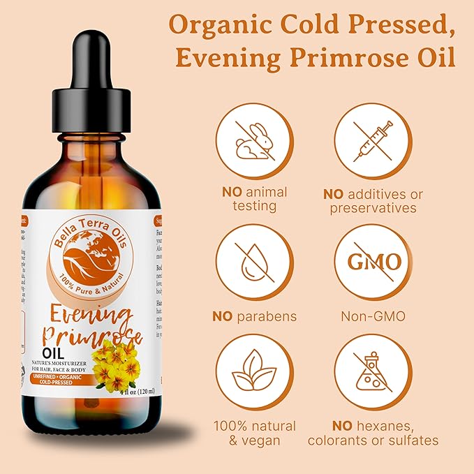 Bella Terra Oils - Organic Evening Primrose Oil 16oz - Discover the Cold-Pressed Excellence of Primrose, Loaded with Essential Nutrients & Omega-6, Distinct Elixir for Luminous Skin