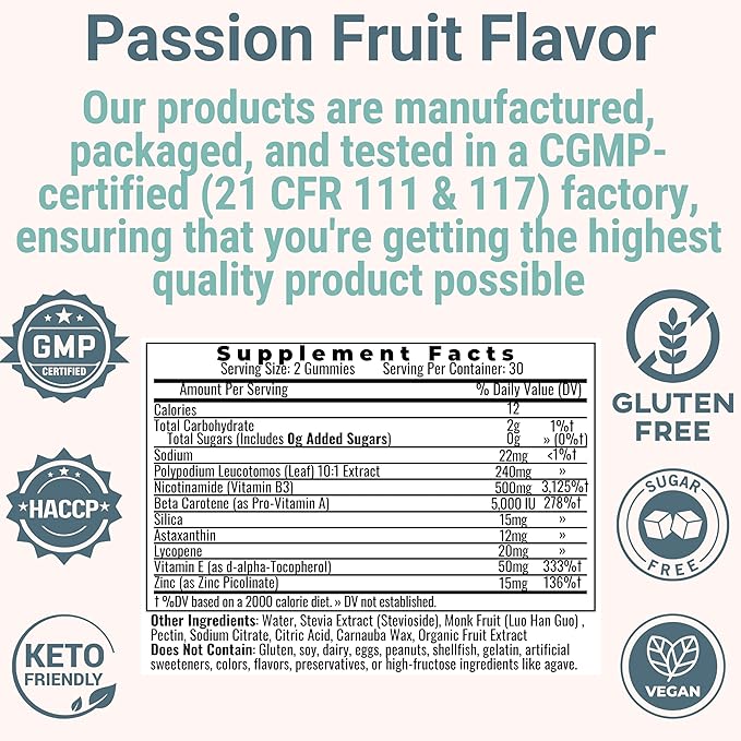 Astaxanthin Polypodium Leucotomos Zinc Picolinate Lycopene Vitamin E B3 Nicotinamide Silica Gummies 500-mg 12-mg 20-mg 24-mg 30-mg 15-mg 50-mg 5-mg Astaxantina Asthantaxin Caroten Carotin Supplement