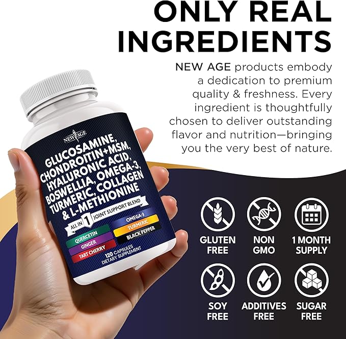 Glucosamine Chondroitin, MSM, Turmeric Curcumin, Collagen, Hyaluronic Acid, Omega 3 – Joint Health Supplement for Men & Women – 120 Count