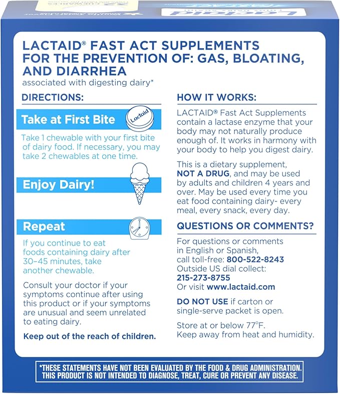 Lactaid Fast Act Lactose Intolerance Relief Chewables with Natural Lactase Enzyme to Prevent Gas, Bloating & Diarrhea Due to Lactose Sensitivity, On-The-Go, Vanilla Twist Flavor, 32 x 1 ct