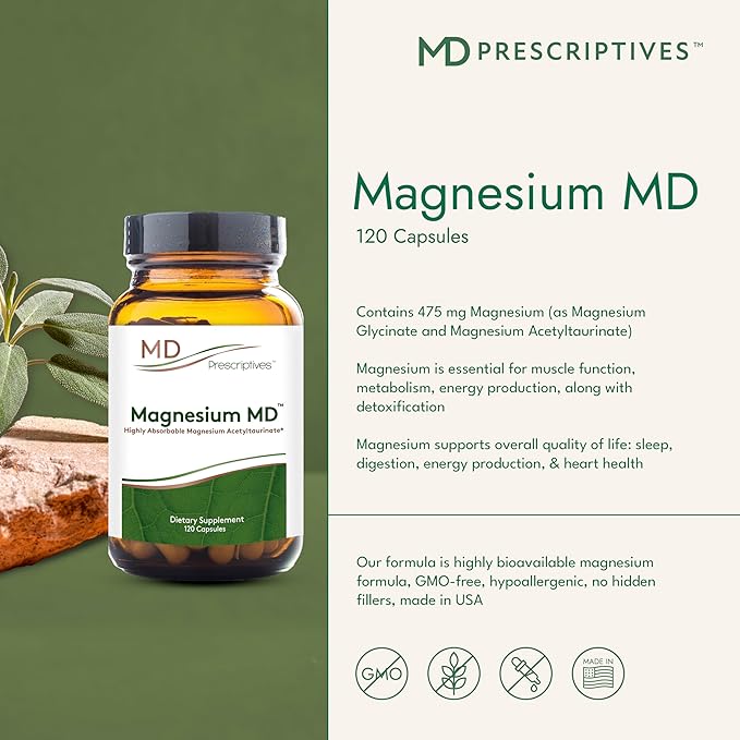 Magnesium MD - Highly Absorbable Dietary Magnesium Supplement with Glycinate & Acetyl Taurinate - 120 Capsules