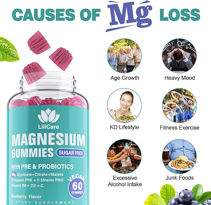 Magnesium Gummies 400mg for Women Men Sugar Free | Calm Magnesium Glycinate Citrate Malate Complex with Prebiotics & Probiotics 5 Billion CFU, Vitamin B6 D3 C | Triple Magnesium Supplement, 120Cts