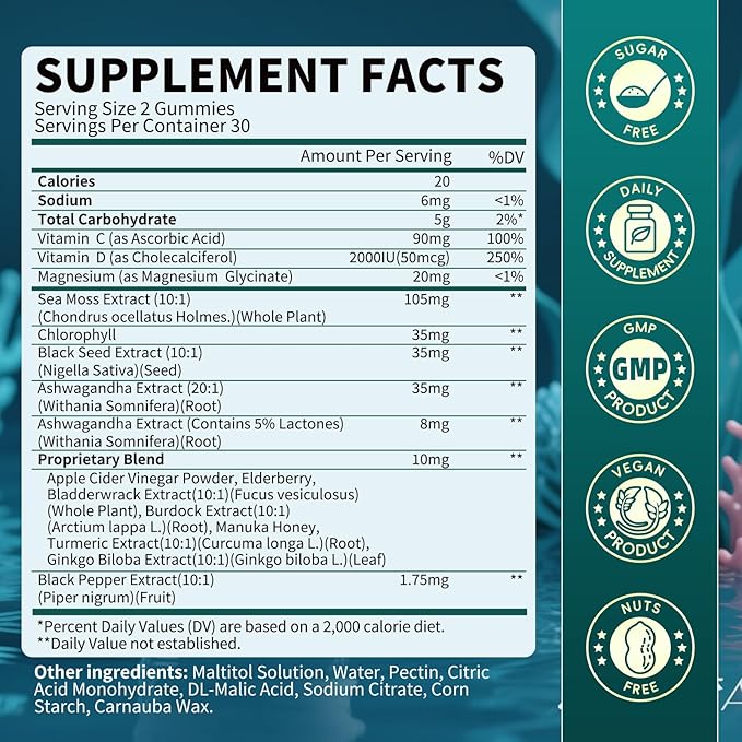 Sea Moss Black Seed Oil Ashwagandha Gummies, Irish Sea Moss Multimineral Supplement with Turmeric, Magnesium, Chlorophyll, Elderberry, Manuka Honey, Bladderwrack, Burdock Root, Vegan