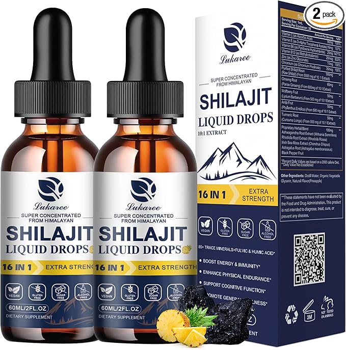 (2 Pack) 16-in-1 Himalayan Shilajit Drops for Men and Women, Ashwagandha, Ginseng, Turmeric, Rhodiola, Amla, Sea Moss, Liquid Vitamin Supplement with 85+ Trace Minerals and Fulvic Acid, 2 FL Oz