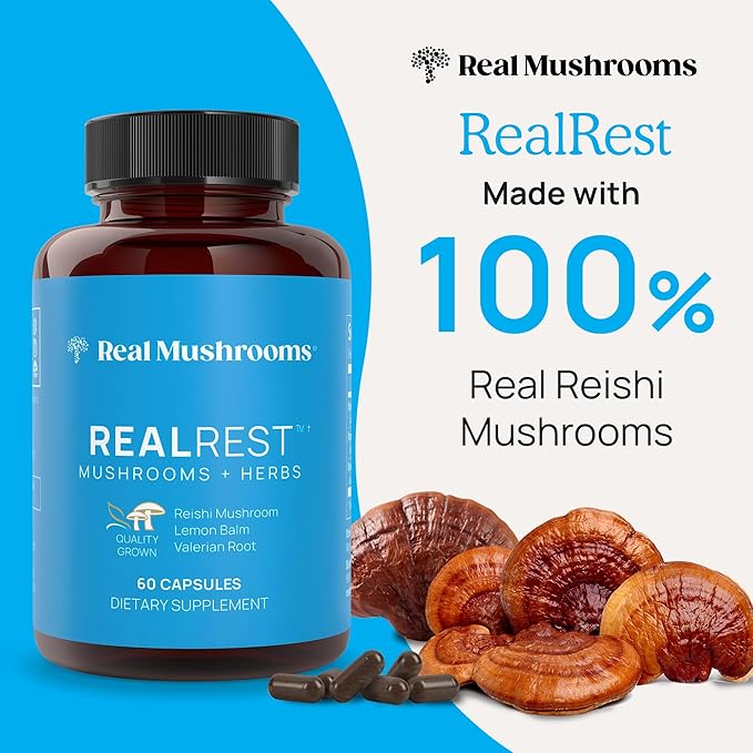 Real Mushrooms RealRest Capsules – Organic Reishi Mushroom and Lemon Balm Extract – Calmness, Mindfulness & Wellness Support – Vegan, Non-GMO, No Fillers – 60 Count Functional Mushroom Supplement