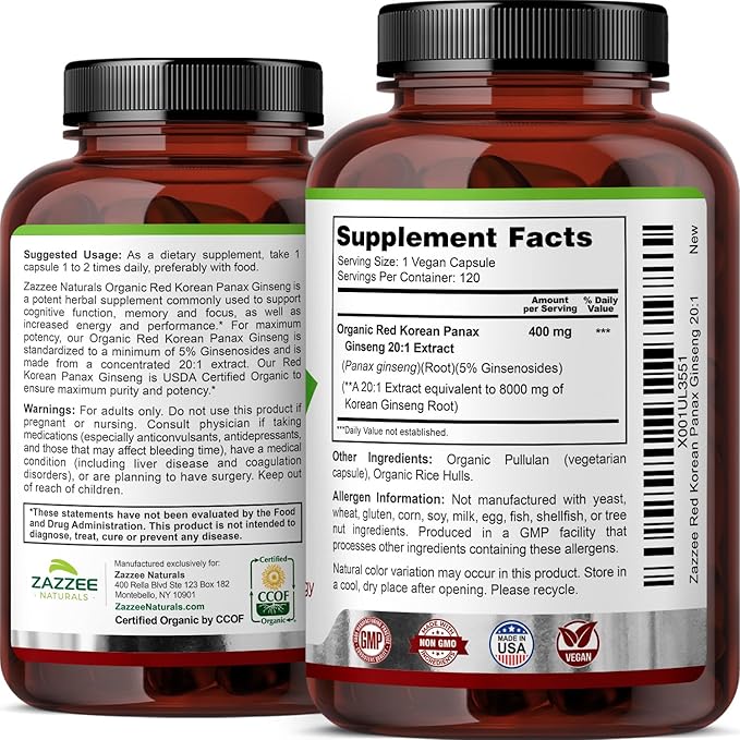 Zazzee USDA Organic Red Korean Panax Ginseng 20:1 Extract, 1000 mg, 5% Ginsenosides, 120 Vegan Capsules, Standardized and Concentrated 20X Root Extract, 100% Vegetarian, All-Natural, Made in The USA