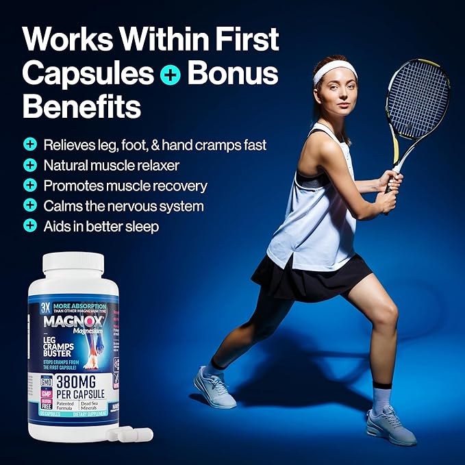 MAGNOX® Leg Cramps Buster | 380mg Magnesium for Leg Cramps at Night | Magnesium Supplement for Muscle Spasms | 3X More Absorption | Dead Sea Minerals | Sleep & Muscle | 120 Caps